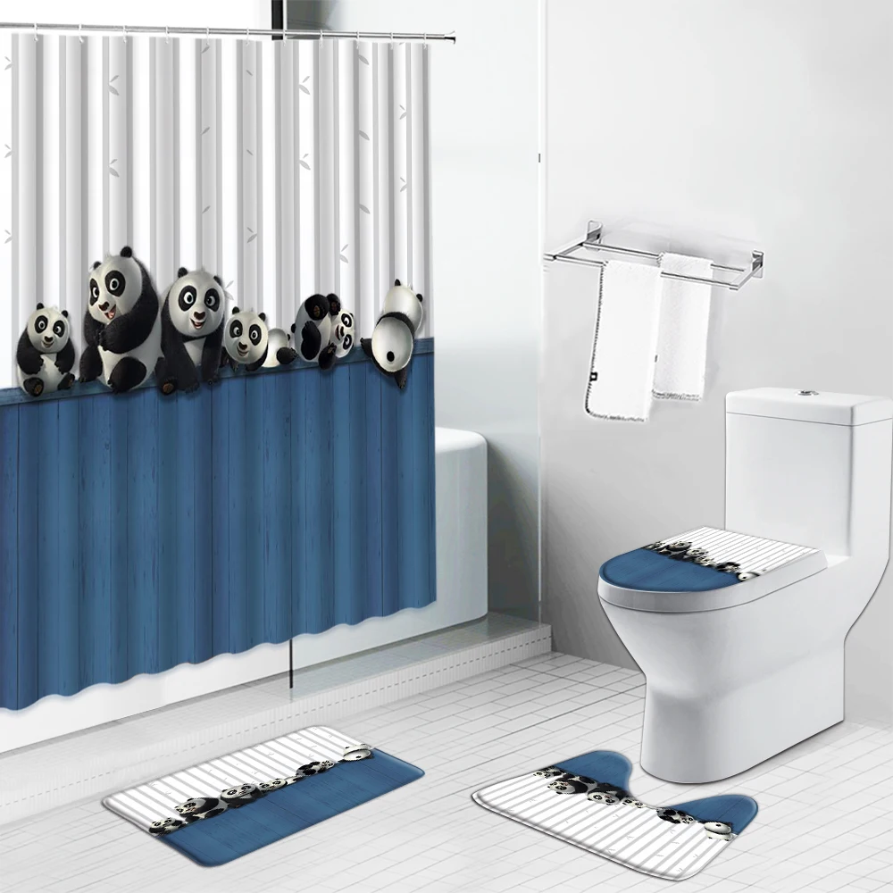 

Набор занавесок для душа в китайском стиле с мультяшными животными пандами, Детские экраны для ванной, фланелевый Противоскользящий ковер, ...
