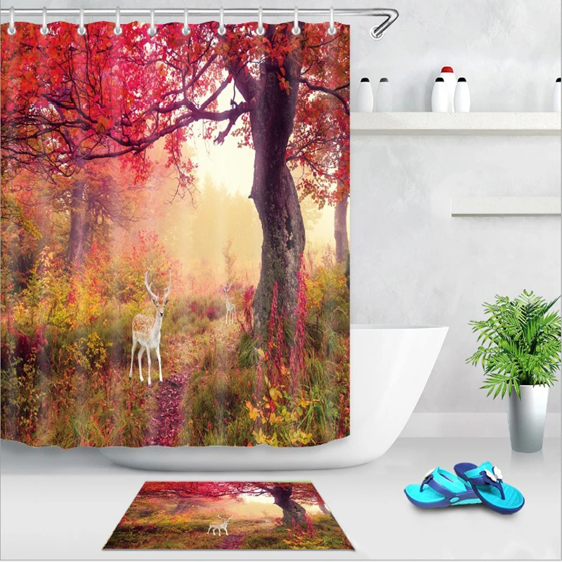 

Flowing bamboo digital printing custom shower curtain waterproof and mildew color realistic hot selling landscape painting bath