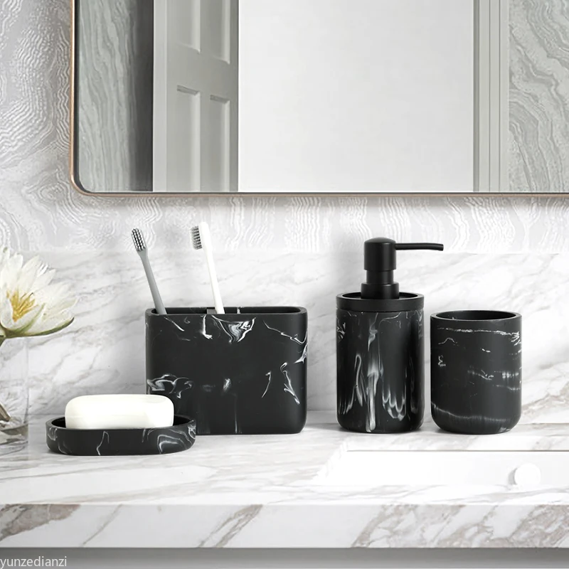 

Resin Imitation marbling Bathroom Accessories Set Soap Dispenser Pump Bottle Toilet brush Soap Dish Toothbrush Holder cotton box