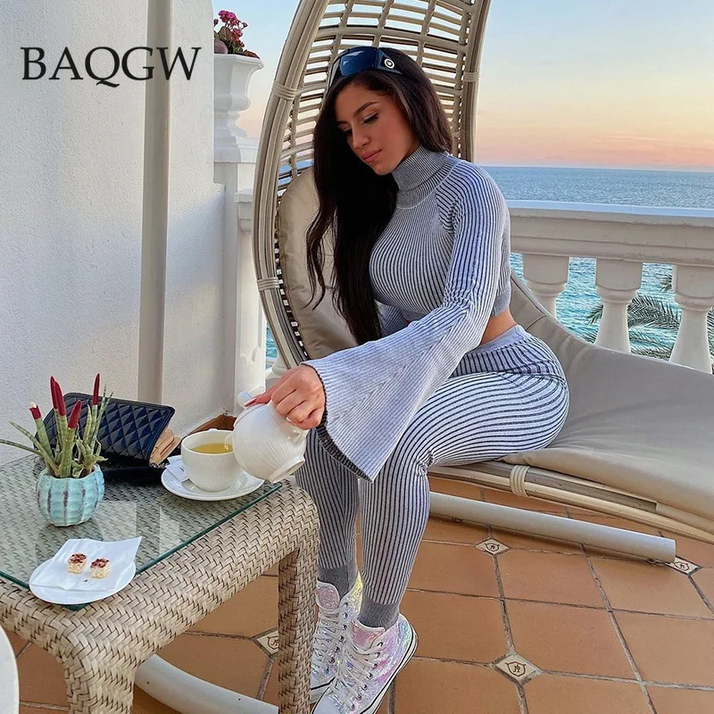 

Autum Flare Sleeve Two Piece Set for Women Fashion Turtleneck Knitted Skinny Matching Sets Sportswear Leggings Striped Outfits