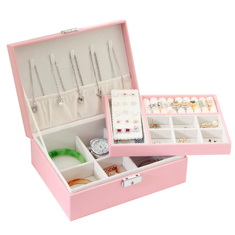 

Soft flannel exquisite material selection 2-layer high-quality leather jewelry box, with earrings earring tray