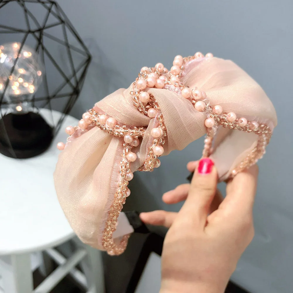 

2020 New Fashion Mesh Lace Headbands for Women Pearls Beaded Hairband Cross Knot Head Bands HoopsHeadwear Hair Accessories