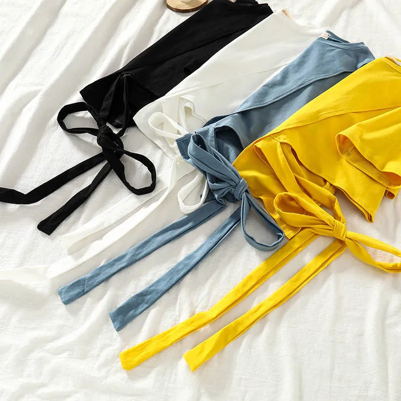 

Korean FashionO-Neck short sleeves lace-up Short shirt+Wide Leg Pants Summer Casual two piece clothes women Loose plus size sets
