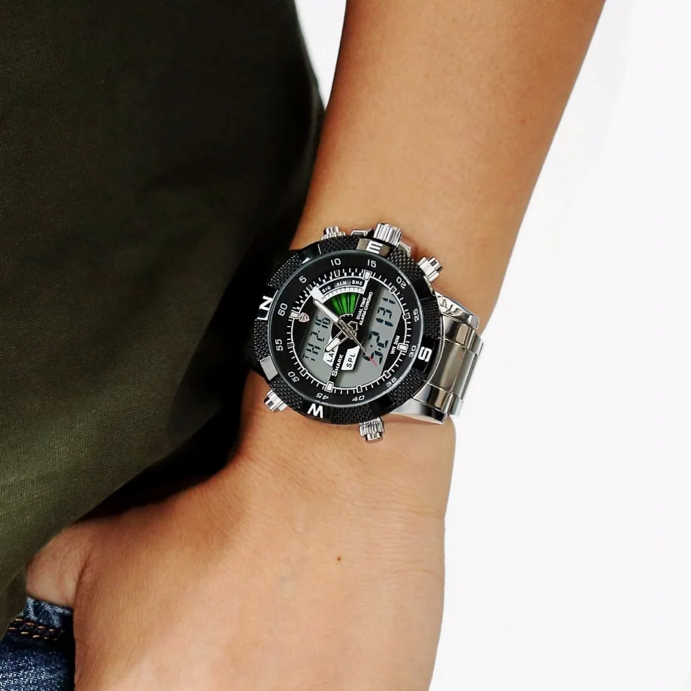 Акула спортивные часы Dual Time Цифровые стали Porbeagle Календарь Будильник Секундомер Мужские кварцевые наручные часы/SH046/047