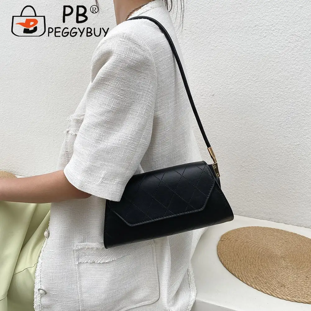 

Vintage Women Bag Lattice Pattern PU Leather Pure Color Flap Shoulder Underarm Mini PU Leather Shoulder Bags for Women