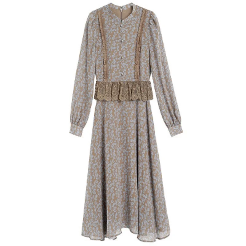 

dresses Print Floral retro 2021 new fashion spring and Autumn high waist lace dress Medium length A-line skirt Plus XXXL