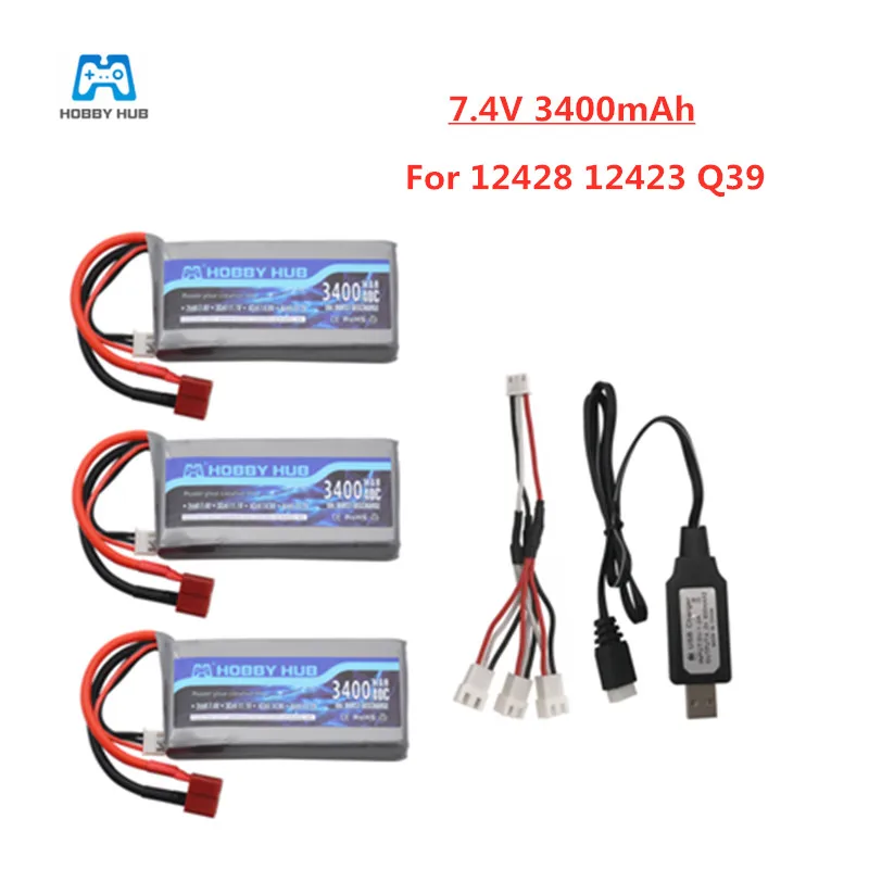 Литий Полимерный Аккумулятор 7 4 В 3400 мАч для Wltoys 12428 12423 RC четырехколесный