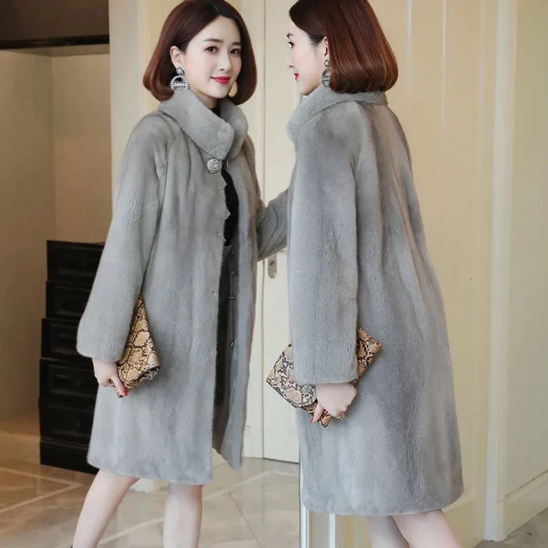 Winter Faux Mink Fleece Fur Coat Women Midi Stand Collar Faux Fur Jacket Thick Warm Loose Female Elegant Parka Outwear Plus Size