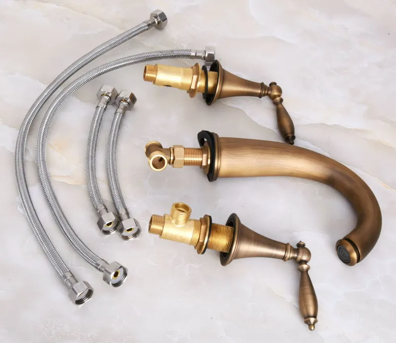 Vintage Retro Antique Brass Deck Mounted Dual Handles Widespread Bathroom 3 Holes Basin Faucet Mixer Water Taps man081 | Обустройство