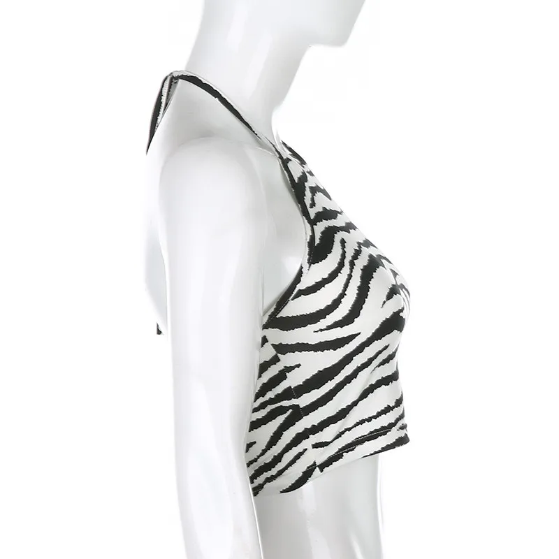 

Women Camisole Zebra Pattern Print Sexy High Street Sleeveless Off Shoulder Halter Lace-up Bodycon Tank Vest Clubwear Summer New