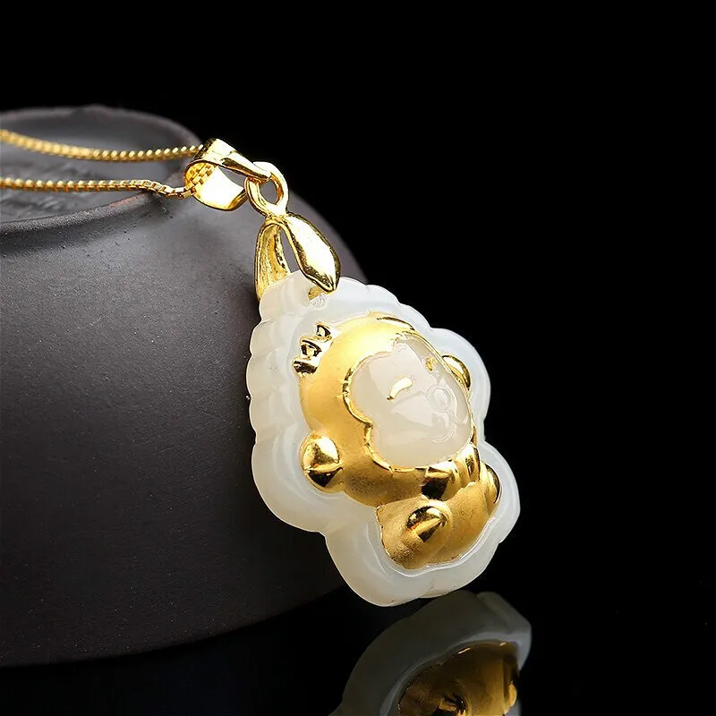 

Натуральный китайский сорта хотанской (Hetian) белого нефрита сусальным золотом кулон зодиака Обезьяна красивые украшения ожерелье резные мо...