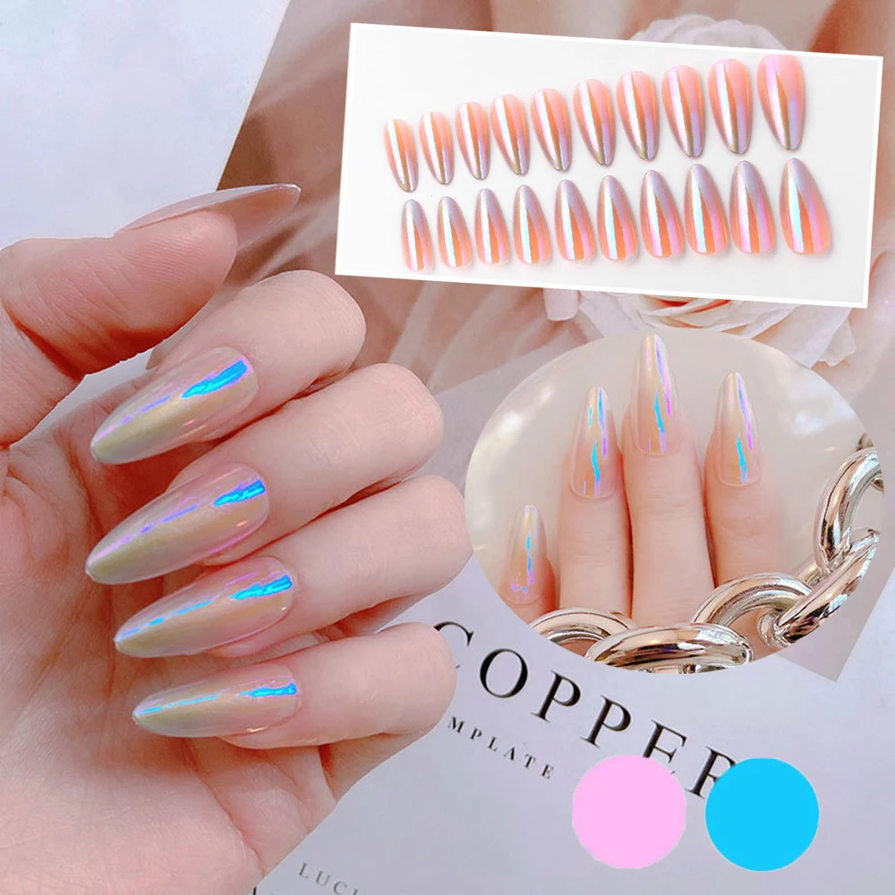

24pcs Manicure Fake Nail Tips Full Cover Wearable False Nails Press on Nails Aurora Mirror Design Gradient