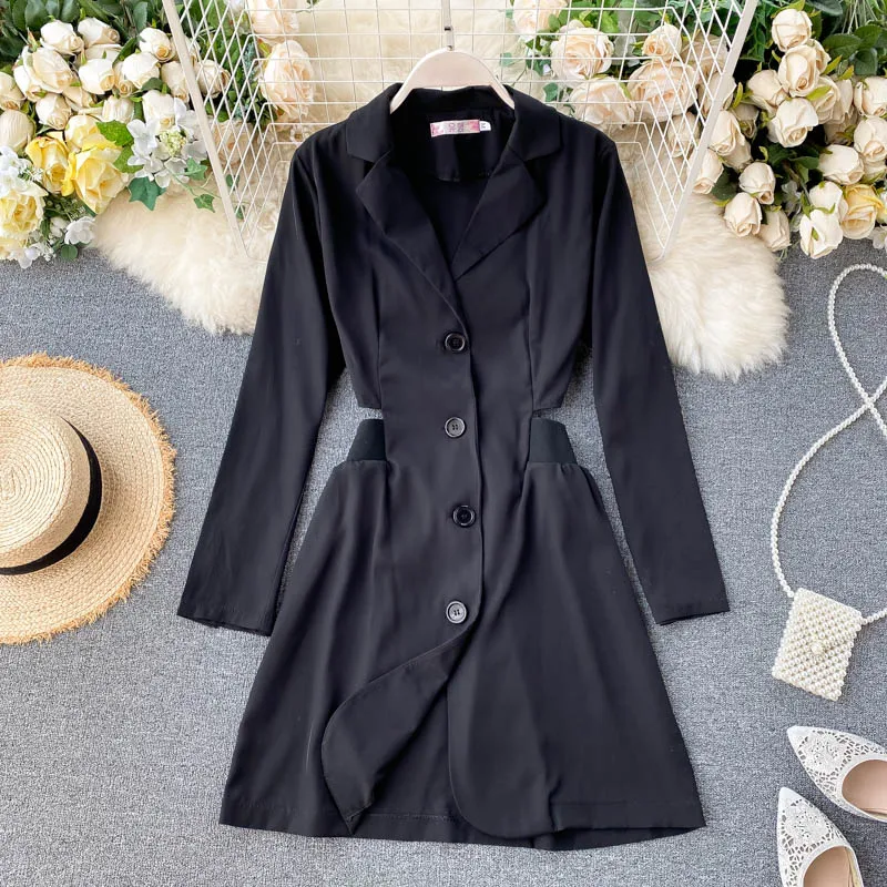 

Осень 2020, женское модное офисное однобортное платье с отворотом и вырезом, с открытой спиной, с длинными рукавами, платье выше колена с ворот...