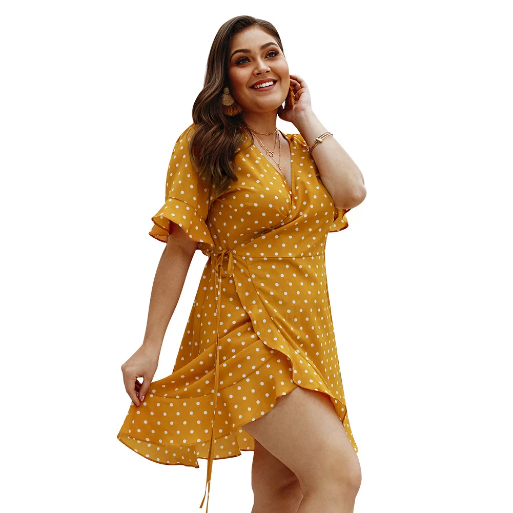 2019 Summer New Original Design Big Size Women V Neck Wave Point Sexy Mini Dress 4XL for Fat MM Ladies Loose Plus Dresses | Женская