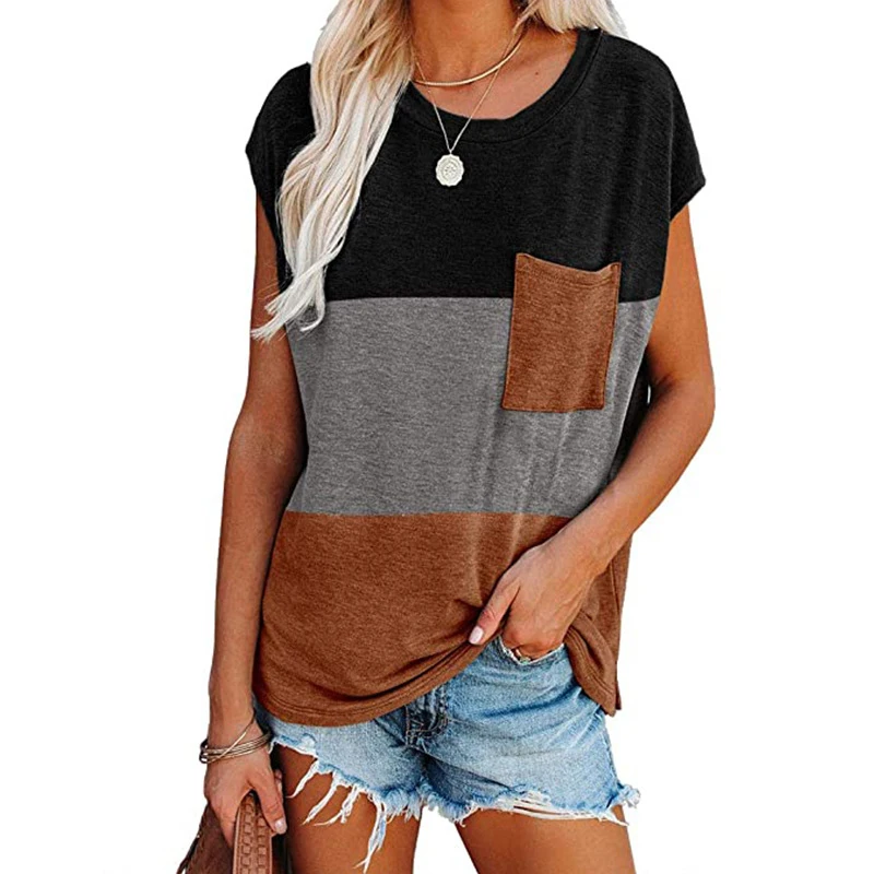 

New Summer Women's Short Sleeve Patchwork Pockets Top Casual O-neck Loose T-shirts