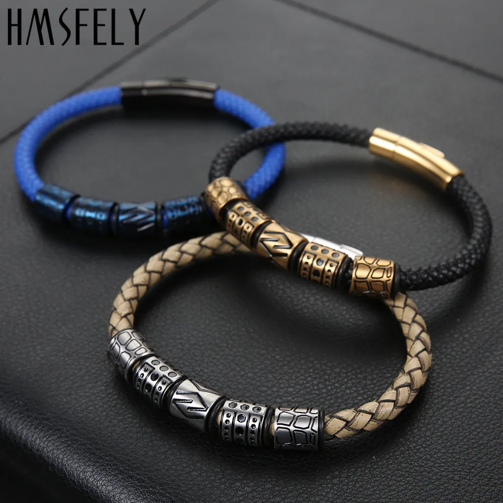 

HMSFELY Exquisite Men's Leather Bracelet Titanium Steel Bangles Jewelry For Men Black Gold Blue Bracelets Fit 17-21cm Wrist
