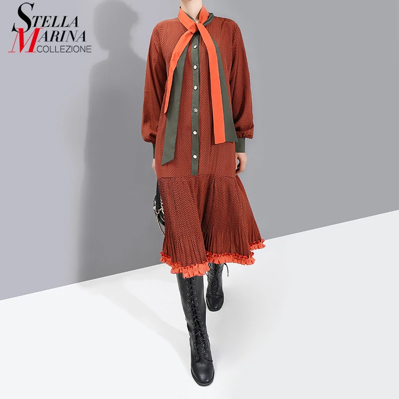 * Новинка 2019 Женское зимнее красное платье с длинным рукавом поясом бантом