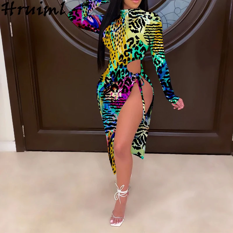 

Sexy Bodycon Women Dress Leopard Print Autumn Long Sleeve O Neck Hollow Split Irregular Ladies Maxi Dress Party Club Robe Femme