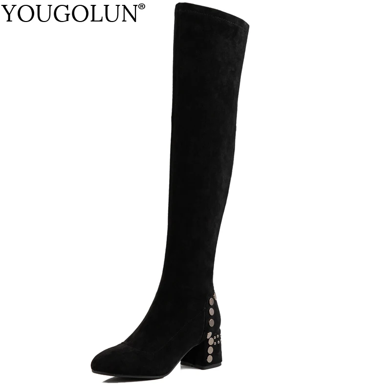 Ботфорты из флока на толстом каблуке женская обувь высоком Новое поступление