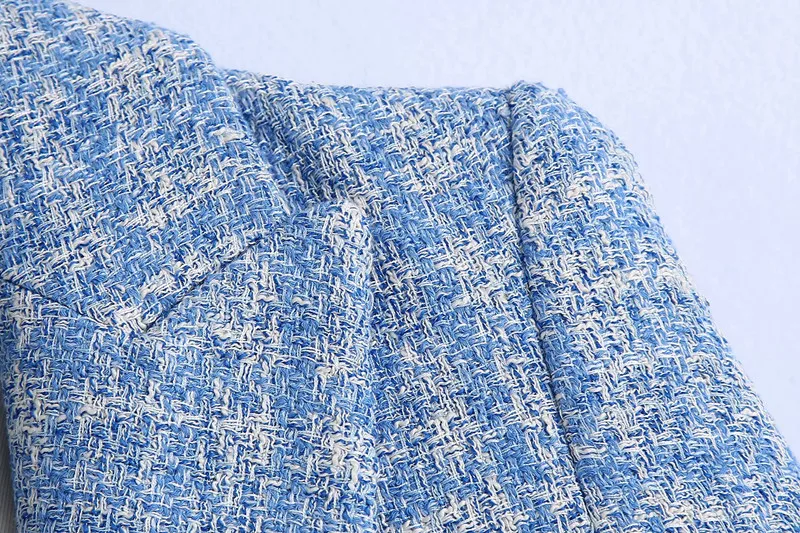 

Blazers Coat Women 2021 Double Breasted Tweed Blue Office Lady Long Sleeve Pockets Female Outerwear Fashion Vintage Chic Tops