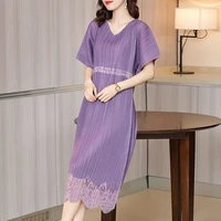 summer dress plus size 2021 v neck for women 45 75kg stretch miyake pleated short sleeve fashion lace patchwork mid calf length