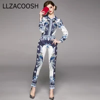 high quality 2020 spring fashion designer runway suit set womens long sleeve vintage print tops pants two piece set