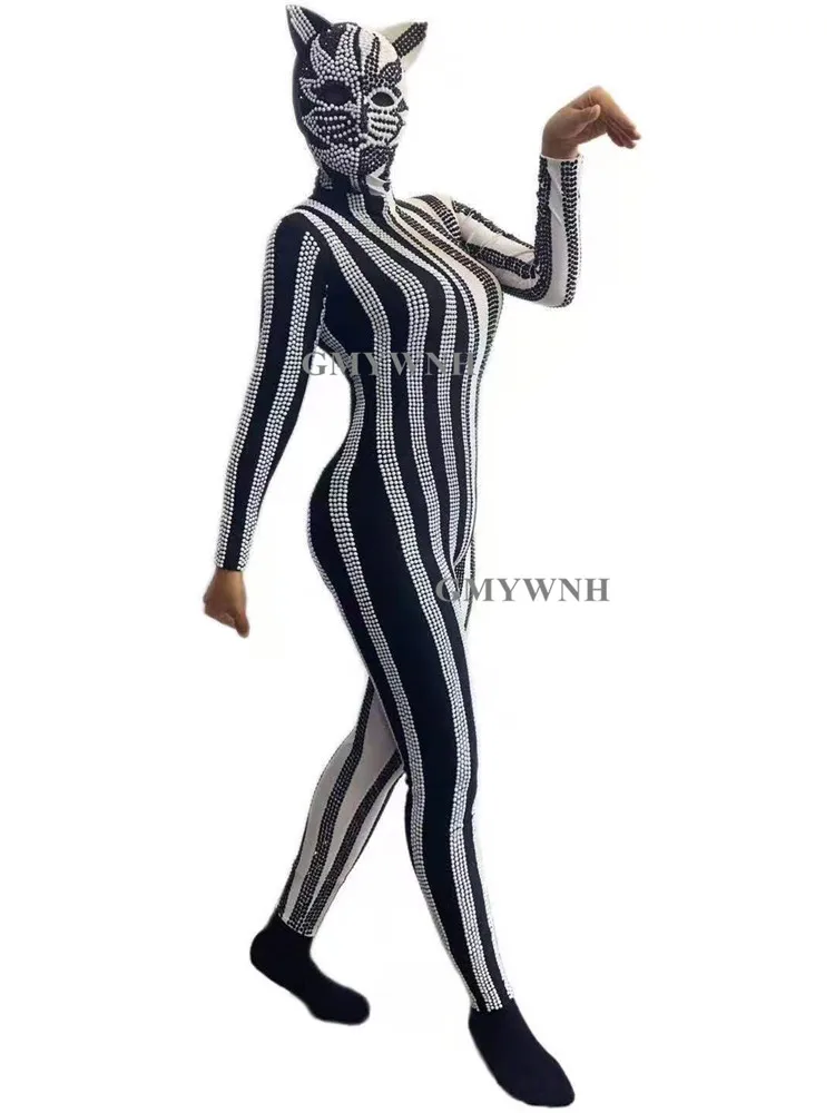 Q87 Клубный танец с палкой Сиамской высокой эластичности Демон-кошка Модель-шоу Костюм для тайтовой вечеринки Хэллоуин Сверление цепью Алмазный диджей.