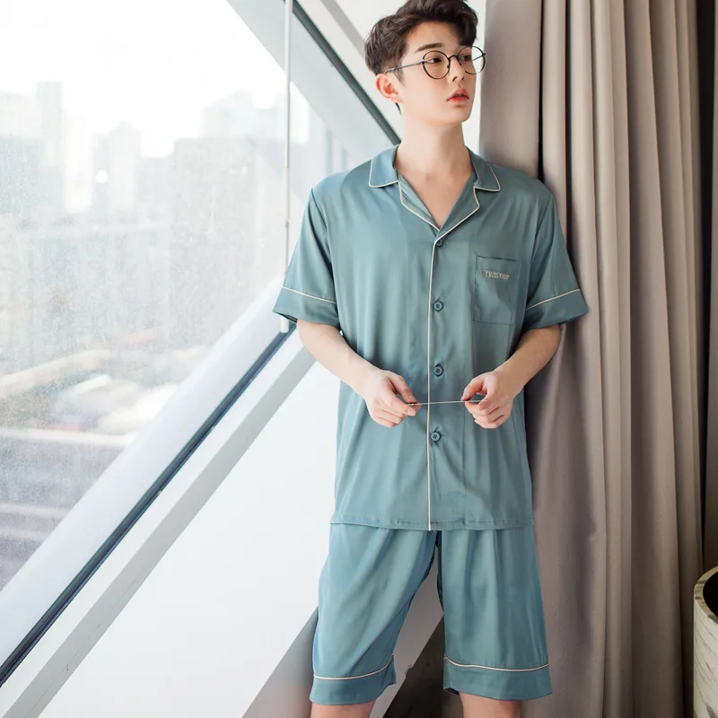 Summer Silk Set Short Sleeve With Pocket Shorts Sleepwear Men and Women Loose Style Home Suit  couple pajamas