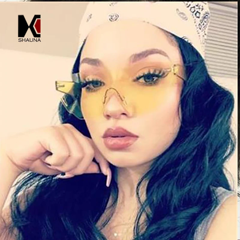 SHAUNA Newest Candy Color Integrated Lens Women Cateye Sunglasses Nail Decoration Men Rimless Pink Tint Glasses | Аксессуары для