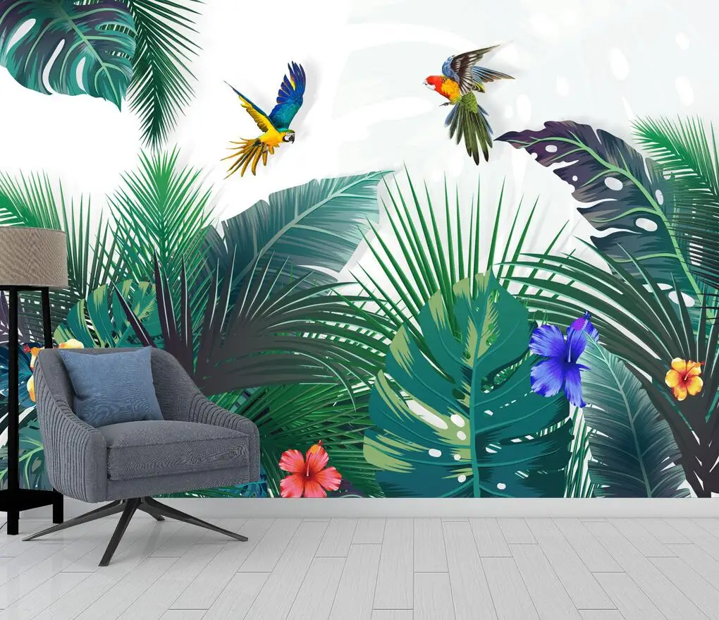 

Beibehang Custom Photo Leaf Wallpaperhand Painted Tropical Forest Colorful Parrot Wall Mural Bedroom Backdrop Wall 3d Wallpaper