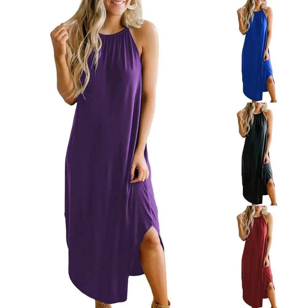 

75% New Arrival!!! Summer Fashion Sleeveless Sling Halter Dress Comfortable Women Solid Color Dress