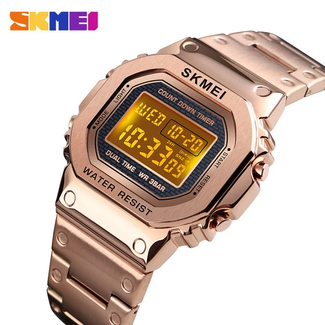 Skmei 1456 мужские G-style цифровые часы из нержавеющей стали с хронографом обратного отсчета наручные часы ударный светодиодный спортивные часы skmei montre homm - Цвет: Розовый