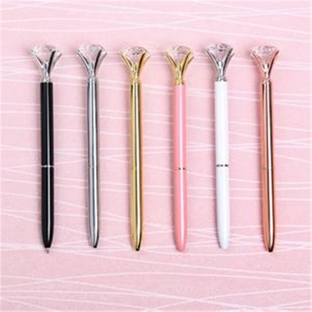 Кавайная шариковая ручка большая металлическая с крупными бриллиантами синяя и