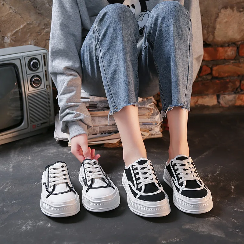 Han edition half dragged canvas shoes female ins tide fall 2021 new breathable han edition platform casual shoes 8575 childre