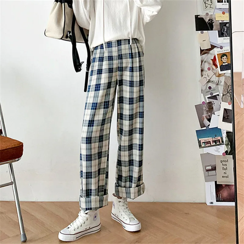 

2021 Spring And Summer New Korean Version Of Loose Straight High Waist Drape Plaid Casual Mopping Wide-Leg Pants