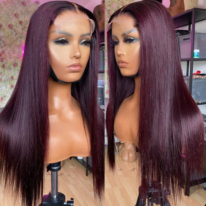 

180%Density 26Inch Long Burgundy Silky Straight Lace Front Hair For Black Women Babyhair Preplucked Heat Resistant Dark Wine Red