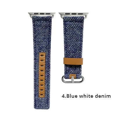 Blue white denim Мягкую хлопчатобумажную ткань и из натуральной кожи петлевой спортивный ремешок для смарт-часов apple watch 4 44/40 мм браслет ремешок для наручных часов iwatch серии 1/2/3, 42 мм, 38 мм - Цвет ремешка: Blue white denim