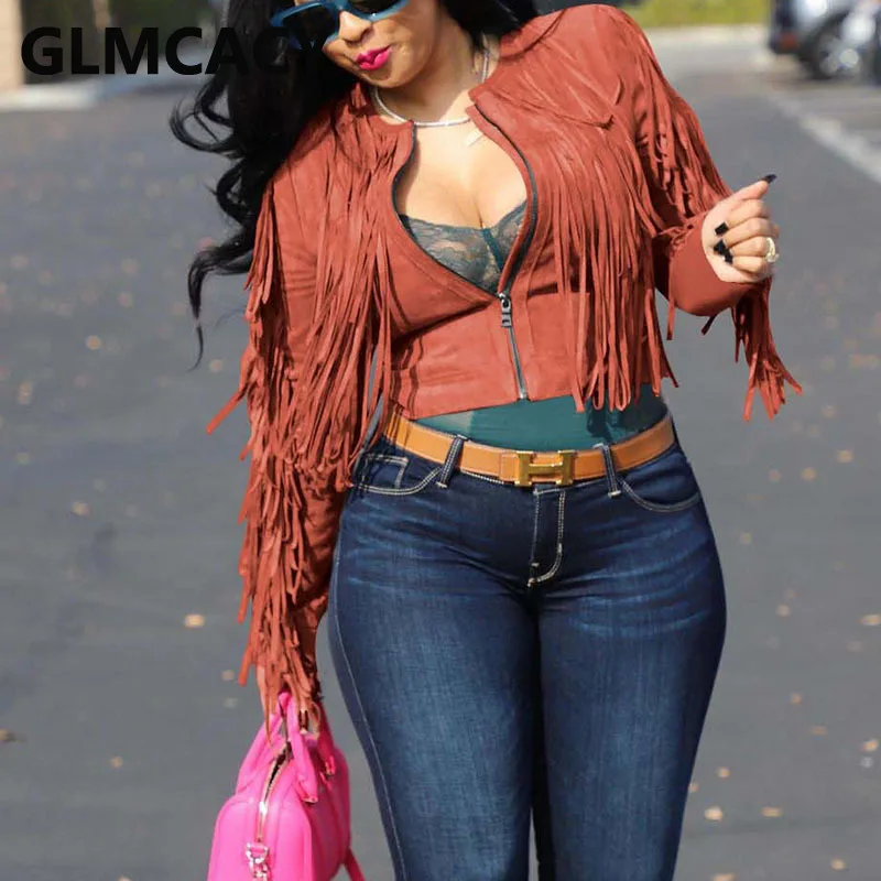 

Women Long Sleeve Tassels Detail Zip Up Jacket Crop Top Coat