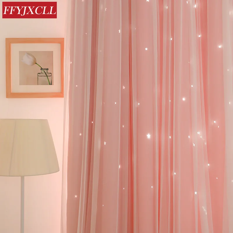 

Корейский двойной розовый занавески с принцессой для Гостиная и вырезанными звездами кружевных штор для Спальня оттенок штора-Тюль Ткань
