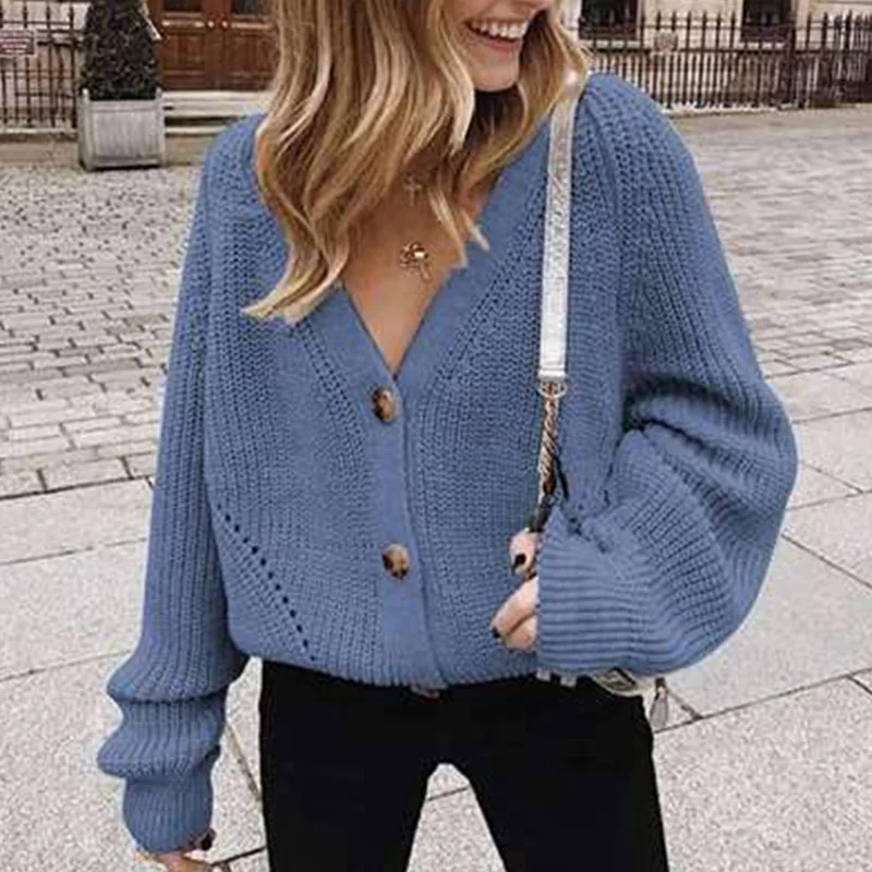 

Women Cardigan V Neck Long Sleeve Sweater Solid Color Single-breasted Loose Knitted Coat Casual Streetwear Autumn Winter