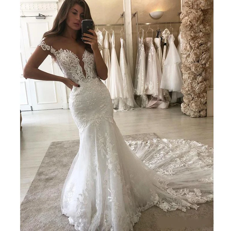 

Mermaid Lace Beaded Wedding Dresses Sheer Plunging Neck Bridal Gowns Sweep Train Trumpet Tulle robe de mariée