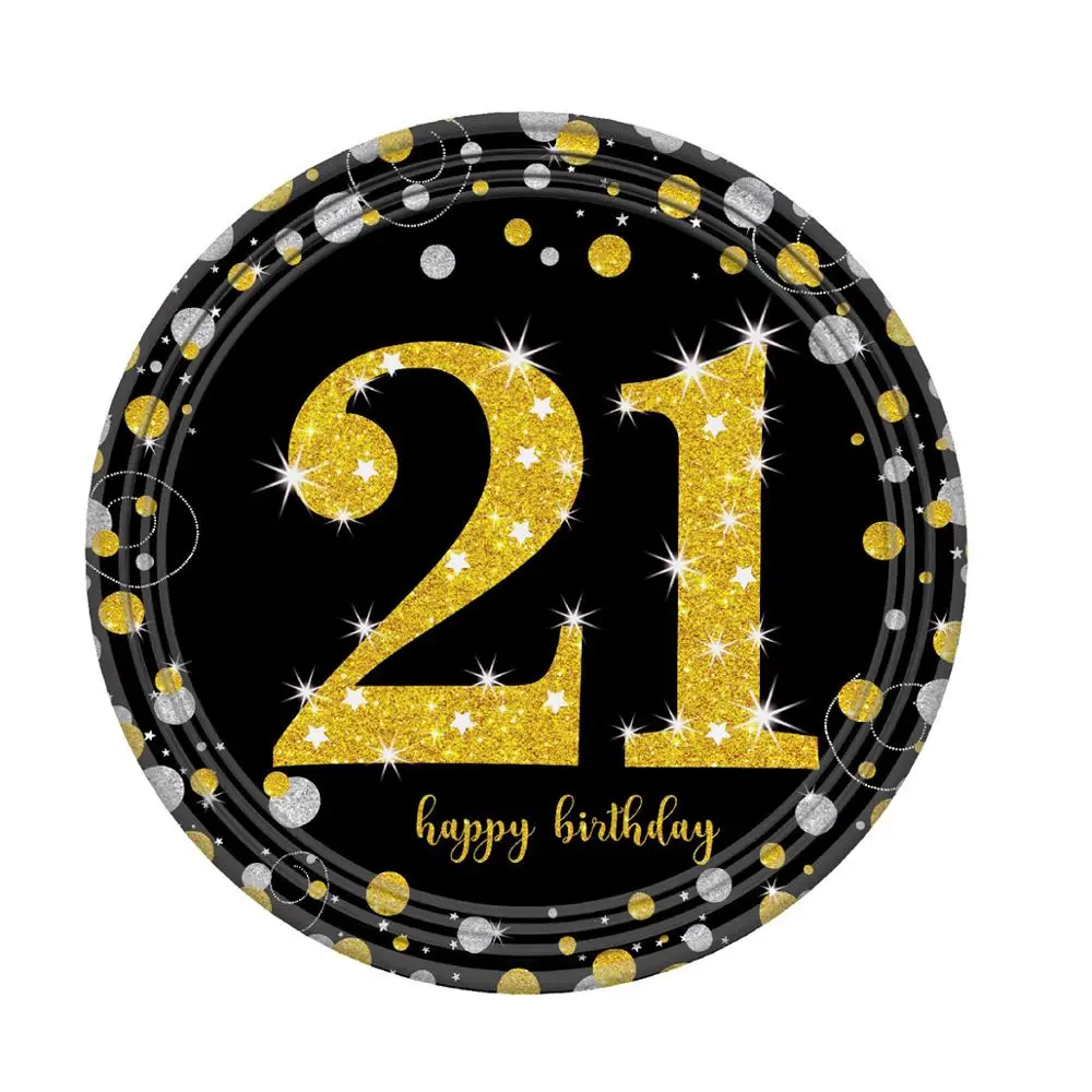 

CHZLL Black Gold 21th Disposable Tableware Towel Plates Tablecover Cups Disposable Party Tableware 21 Birthday Party Supplies