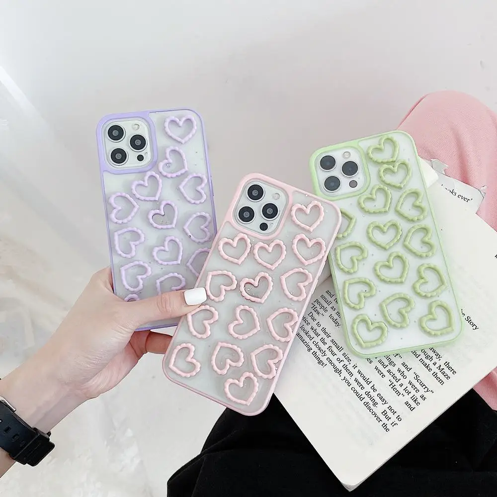 

3D Hollow Love Heart Clear Hard Frame Glitter Soft Back Phone Case Cover For iPhone 7 8 Plus 11 12 Pro Max X XR XS Max Skin