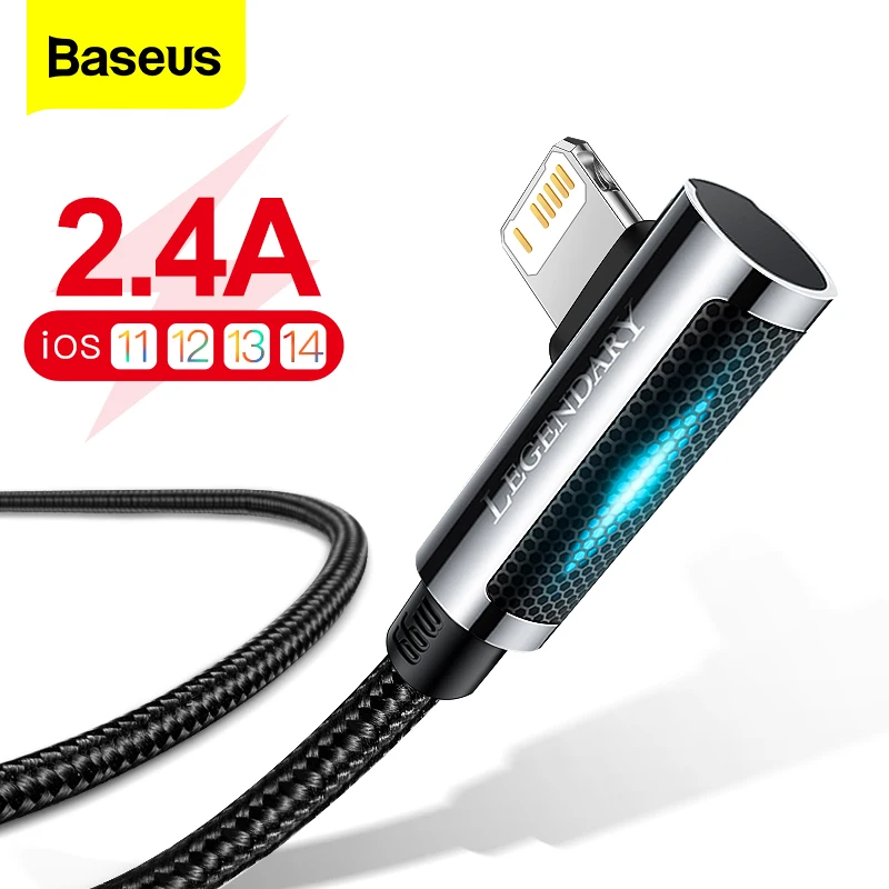 Baseus LED USB Cable For iPhone 13 12 11 Pro Xs Max 90 Degree Fast Charging Mobile Phone Cable For iPad Airpods Data Wire Cord