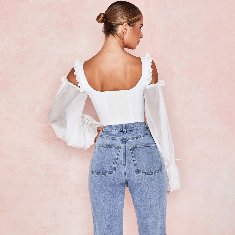 Fuedage сексуальный осенний женский топ с сетчатыми краями петельным рукавом