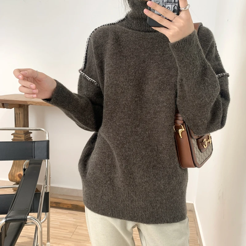 

Open line solid color long sleeve sweater Women's thick warm turtleneck sweater Autumn winter loose long sleeve sweater women's