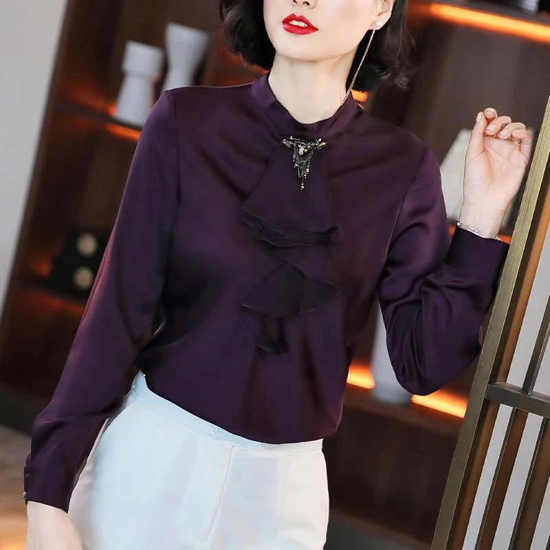 Fall Spring Fashion Womens Korean Clothing , Woman Purple Ruffles Imitation Silk Blouse Top Shirt , Office Ladies Blouses Tops