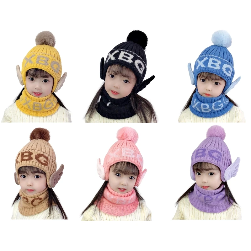 

2022 New Cute Letters Beanie Hat w/ Pompom Baby Wings Pullover Knitted Hat Thermal Winter for Children Chilly Outdoor Activities