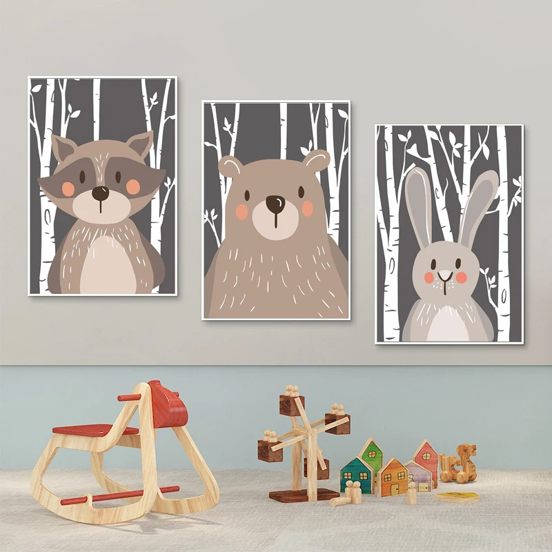 Скандинавский Ночной лес мультяшное животное дерево кролик медведь холст
