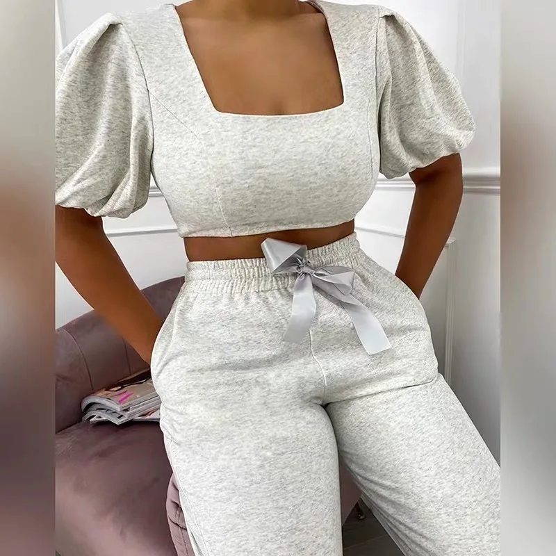 

YICIYA Women Tracksuit 2 Piece Set 2021 Summer New Arrival Casual Square Collar Puff Sleeve Solid Pink Short Top Lace Up Pants